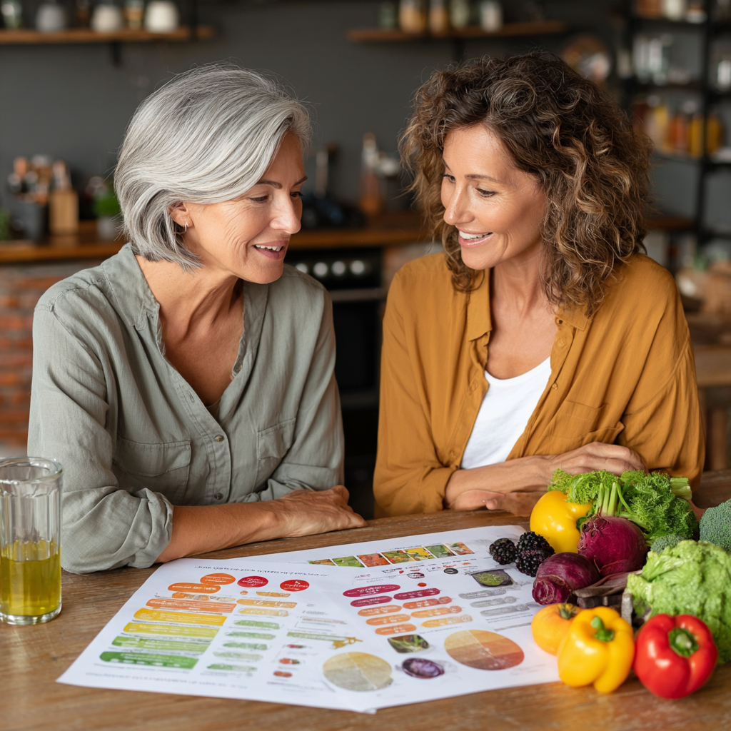 Professional nutritionist in her 50s consulting with a client, both sitting at a table with healthy food samples and nutrition charts, discussing personalized meal planning strategies